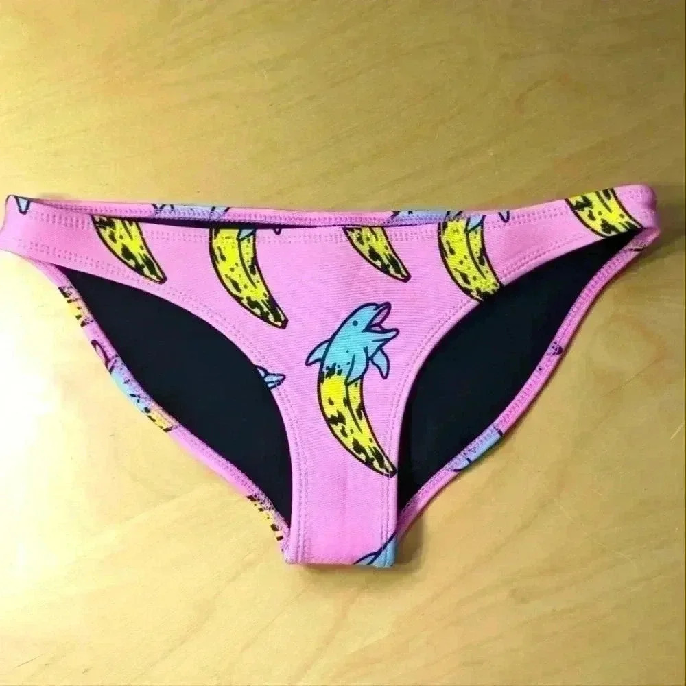 HOAKA X PONY Used Bottom Bikini Women Size XS Pink With Banana Dolphins Pattern